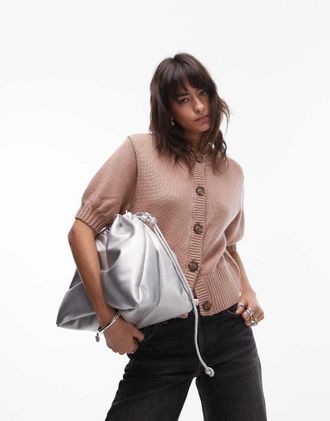 & Other Stories wool knit cardigan with puff short sleeves in soft beige-Neutral