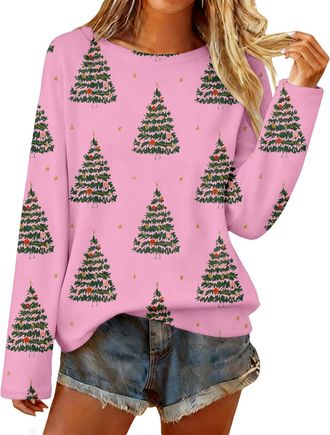 Generic Womens Christmas Jumpers Xmas Tree Print Ladies Tops Funny Ladies Christmas Jumper Boho Sweatshirt Xmas Pullover Christma Sweaters for Women UK (M)