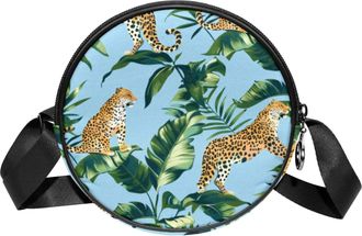 Generic Circle Crossbody Bag for Women, Tropical Leopards Small Sling Bag Daypack with Zipper Adjustable Shoulder Straps Casual Ladies Girls Round Purse