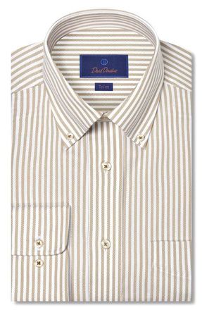 David Donahue Trim Fit Stripe Royal Oxford Dress Shirt in White/Dune at Nordstrom, Size 15.5 - 32