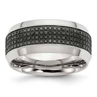 Diamond2Deal Stainless Steel Polished 1/3 Ct Black Diamond 10mm Band Ring