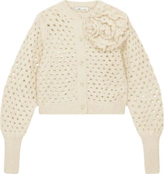 Blumarine Cardigan in Lana lavorata a maglia con Rosa 3D Fatta a Mano - - Knitwear - Donna - Beige - XS