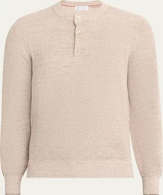 Brunello Cucinelli Mens Ribbed Linen Henley Sweater