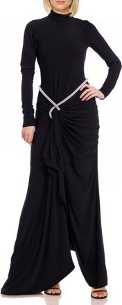 Badgley Mischka Mock Neck Long Sleeve Belted Dress in Black at Nordstrom, Size 6