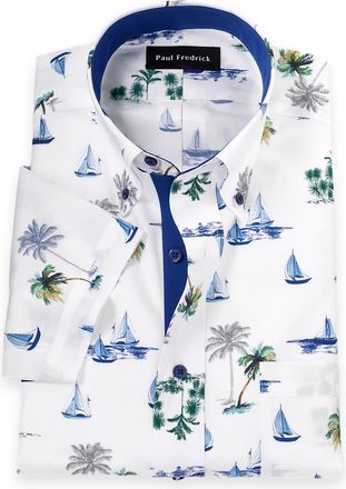 Paul Fredrick Non-iron Cotton Novelty Short Sleeve Dress Shirt With Contrast Trim