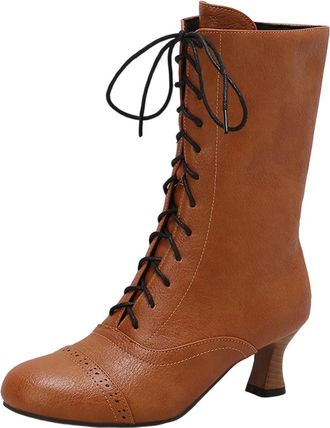 Generic Ankle Boots For Women UK, High Heels For Women, Fashion Solid Color Lace Up Waterproof Booties Autumn Winter Casual Round Toe Mid Calf Booties