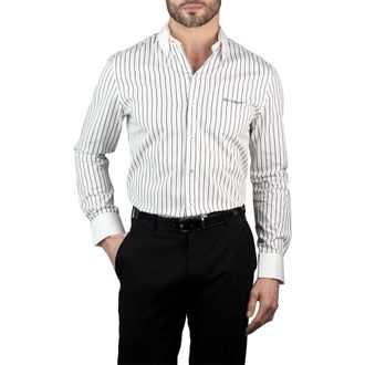 Karl Lagerfeld Trim Fit Stripe Cotton Dress Shirt in Black White at Nordstrom Rack, Size 14