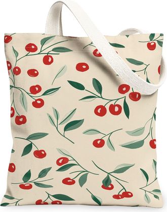 Generic Cherries Floral Canvas Tote Bags, Retro Plant Pattern Reusable Grocery Bags, Summer Lightweight Washable Shoulder Strap Can, Beige, 13x15 Inch