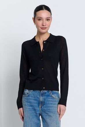 Central Park West Sienna Sheer Isla Button Up Collared Sweater in Black at Nordstrom, Size X-Small