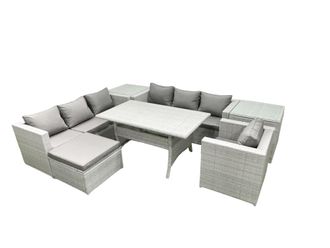 Fimous 7 Pieces Outdoor Rattan Sofa Set with Cushions Patio Garden Furniture Sets with Armchair Dining Table 2 Side Tables Big Footstool in Light Grey