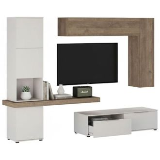 Dmora Parete Attrezzata Riccia, Mobile Soggiorno Modulabile, 2 Cassetti, 9 Ripiani, Beige