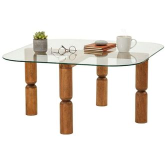 Dmora Tavolino da salotto Gran, Tavolo basso da caff&egrave;, Portariviste per divano, Ripiano da soggiorno, 80x80h40 cm, Noce e Trasparente - Dmora