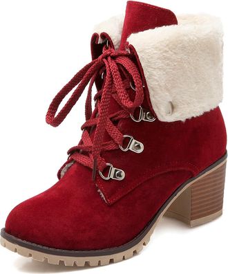Agodor Womens Lace Up Block Heel Ankle Boots Faux Nubuck Leather with Faux Fur Warm Winter Shoes (UK7.5, red)