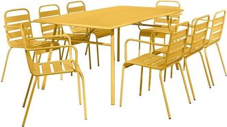 Vente-Unique Comedor de jard&iacute;n de metal - Mesa L.200 cm y 8 sillones apilables - Amarillo mostaza - MIRMANDE de MYLIA