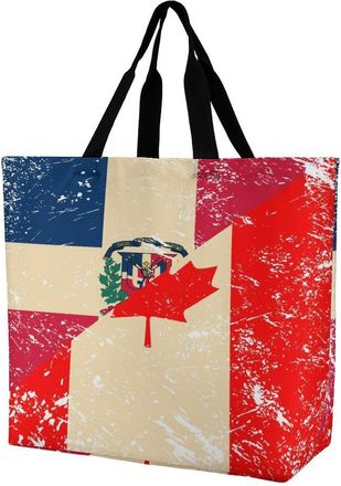 Generic Canada And Dominican Flag Large Reusable Shopping Bag Lightweight Foldable Tote Bags Washable Shoulder Handbag