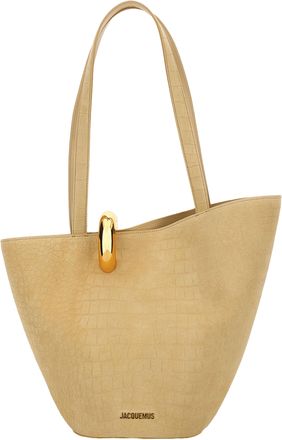 Jacquemus Asymmetric Beige Cocco Print Bucket Bag with Gold-tone Hardware
