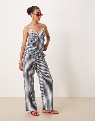 Nia Khonny - Pantaloni con fondo ampio blu navy a quadretti