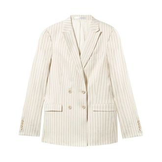 Brooks Brothers Pinstripe Linnen Blend Double-Breasted Blazer - Dames - Blazers - Wit - XS - Linnen - Jassen