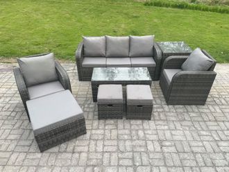 Fimous 8 Seater Rattan Garden Furniture Set with Rectangular Coffee Table Side Table 3 Footstools Patio Outdoor Lounge Sofa Set in Dark Grey