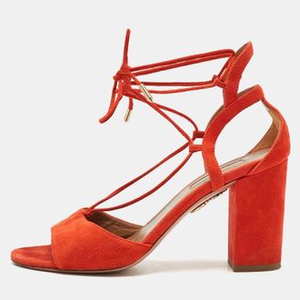 Aquazzura Orange Suede Ankle Strap Block Heel Sandals