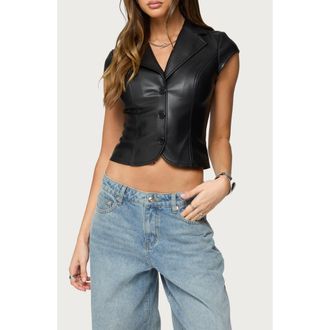Edikted Tailored Faux Leather Short Sleeve Button-Up Shirt in Black at Nordstrom, Size X-Small