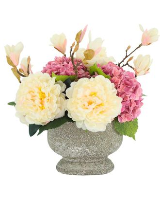 Creative Displays Inc. Transitional Arrangement With Peonies & Hydrangeas In A Stone Pot With Butterfly Magnolias