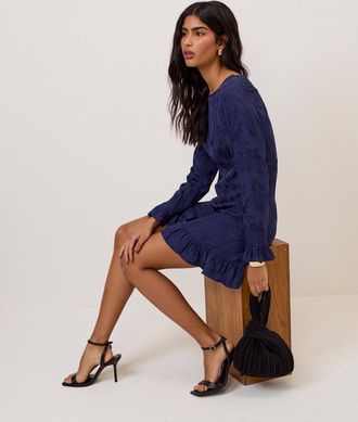 Nobody's Child Blue Floral Satin Jacquard Long Sleeve Frill Bella Mini Dress