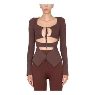 ADĀMO Andrea Adamo Tops, Dames, Bruin, M, Ribgebreide Top met Uitsnijdingen en Panelen