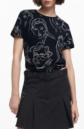Desigual Caras Faces Print Cotton T-Shirt in Black at Nordstrom, Size Xx-Large