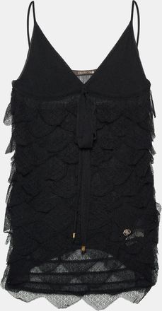 Roberto Cavalli Black Lace Frill Detail Sleeveless Top