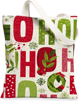 Generic Christmas Holiday Canvas Tote Bags, Red Green Pattern Reusable Grocery Bags, Vintage Lightweight Washable Shoulder Strap Fo, Red, 13x15 Inch