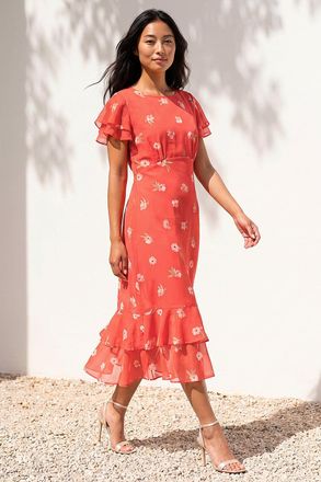 Roman Womens Petite Floral Chiffon Frill Tiered Midi Dress - Orange - Size 18 UK