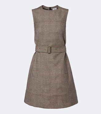 Burberry Belted checked wool and linen-blend minidress