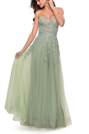 La Femme Sweetheart Tulle Strapless Gown with Lace Applique in Sage at Nordstrom, Size 2