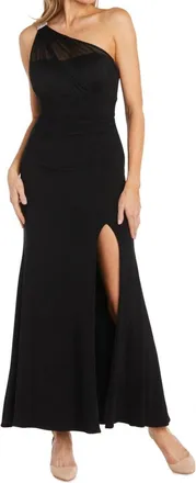 R & M Richards One Shoulder Cape Gown With Rhinestone Detailing In Black