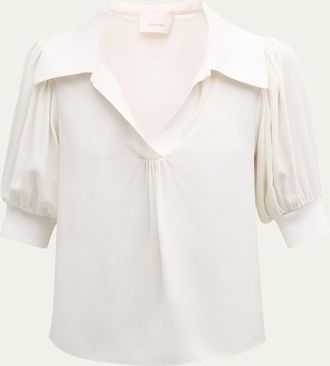 Cinq &agrave; Sept Weldon Collared V-Neck Short-Sleeve Silk Combo Top