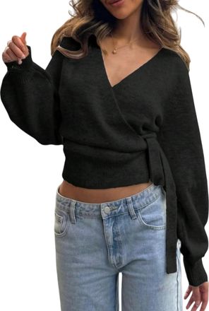 Generic Womens V Neck Belted Fall Knit Sweater, Wrap Sweater Sexy Cinched Waist Long Sleeve Knitted Pullover with Side Tie Fall (Black,S)