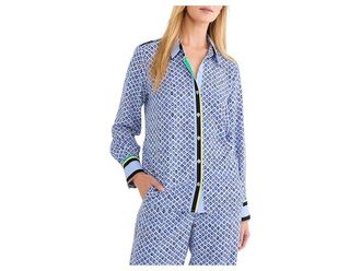 Nic+Zoe Petite Mosaic Trimmed Shirt Womens Clothing Blue : PP, Polyester