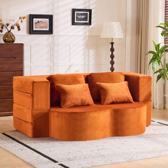 STILVORA Gran Sof&aacute; De Suelo Moderno De Color Naranja Con 4 Cojines Decorativos, Sof&aacute; De Franela C&oacute;modo, Colch&oacute;n Plegable De Espuma De Alta Densidad, Adecuado P