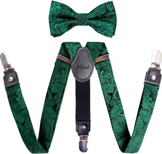 Alizeal Boys Adjustable Floral Paisley Pre-tied Bow Tie and Y Shape 3 Clips Braces Set, Dark green