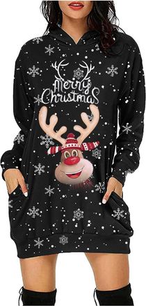 Generic Women Christmas Dress Merry Christmas Letters Snowflakes Wine Glass Xmas Prints Long Sleeve Hooded Loose Sweatshirt Dresses Outfits for Women (L)
