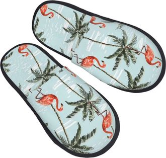 Generic Camping Slippers Flamingo Beach Palm Tree Tropical Portable House Shoes Anti-Slip Sole Fuzzy Slippers Winter Indoor Slipper For Casual Bedroom L
