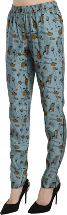 Dolce & Gabbana Womens Blue Musical Instruments Print Tapered Pants Silk