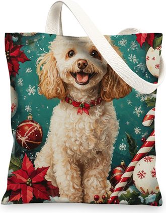 Generic Christmas Poodle Dog Canvas Tote Bag for Shopping 13x15, Xmas Candy Poinsettia Puppy Reusable Grocery Print Bag for Women, Holiday Pet Beach Aesthetic