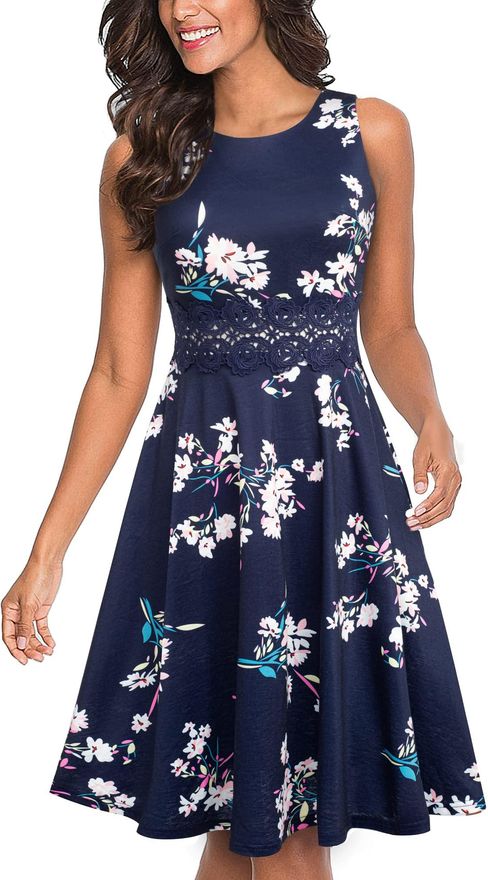 Womens Vintage Crew Neck Sleeveless Floral Embroidered Knee Length Cocktail Dress UKA079 (XXL, Navy Blue + White Floral)