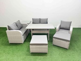 Fimous High Back Poly Rattan Garden Furniture Set w/ Reclining Chair Loveseat Sofa Rectangular Dining Table Indoor Outdoor Patio Set 2 Big Stool Side