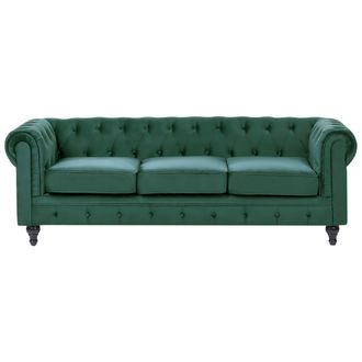 Beliani Sof&aacute; Chesterfield Tapizado En Tela De Terciopelo Verde Patas De Madera Oscura 3 Plazas Estilo Cl&aacute;sico Chesterfield