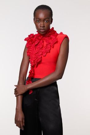Karen Millen Woven Rosette Crop Detail Top in Red at Nordstrom, Size Large