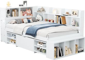 STILVORA Cama Combinada 90 X 200 Cm De Contrachapado, Cama Individual Con Cajones, Estantes Y Almacenamiento, Sin Colch&oacute;n, Blanco