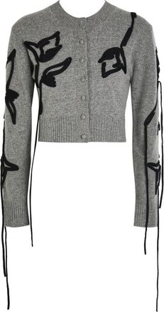 Erdem Floral-appliqu&eacute;d Merino Wool Cropped Cardigan - Grey - XS (UK6 / XS)